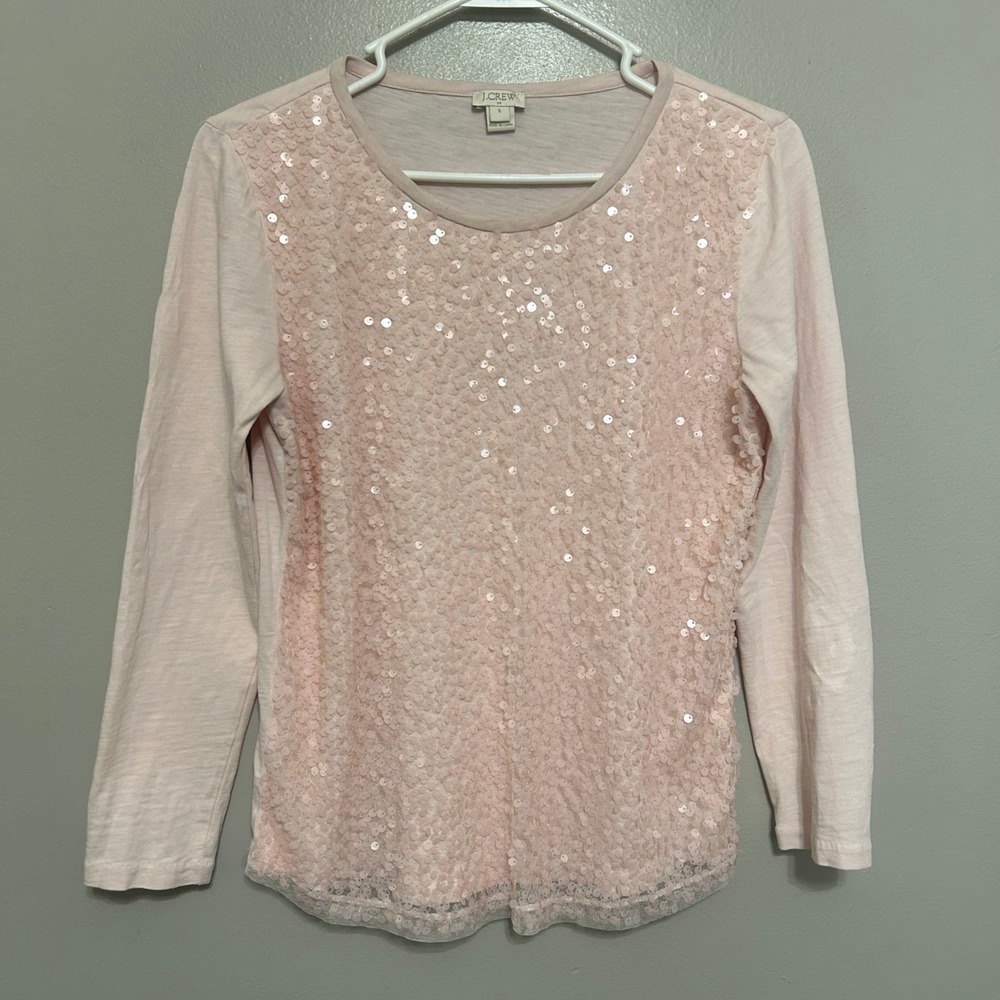 J.Crew Blouse S Pink Sequin Front Long Sleeve Balletcore Glam Pastel Barbiecore